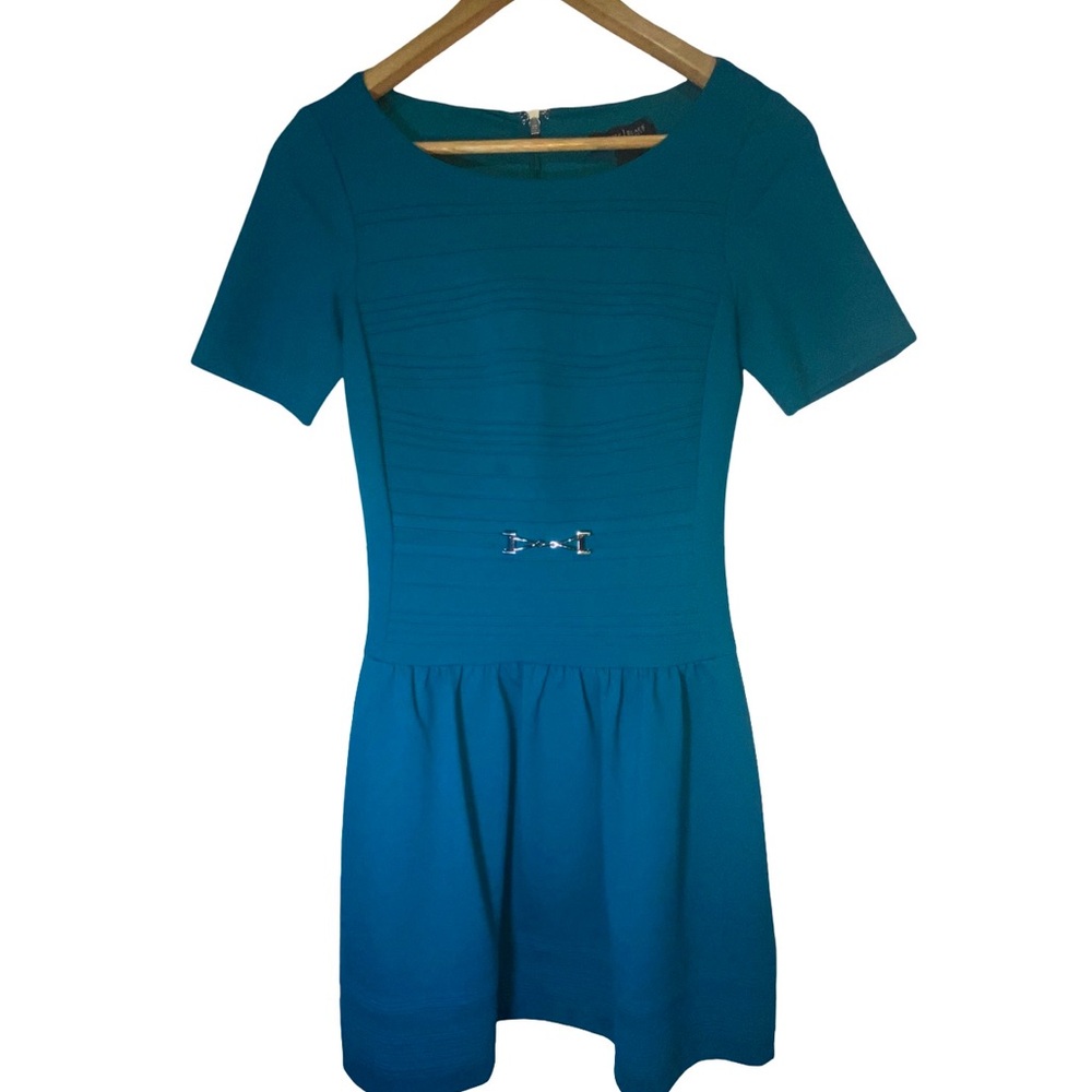 White House Black Market Green Fit and‎ Flare Dress Short Sleeve Bateau Neckline